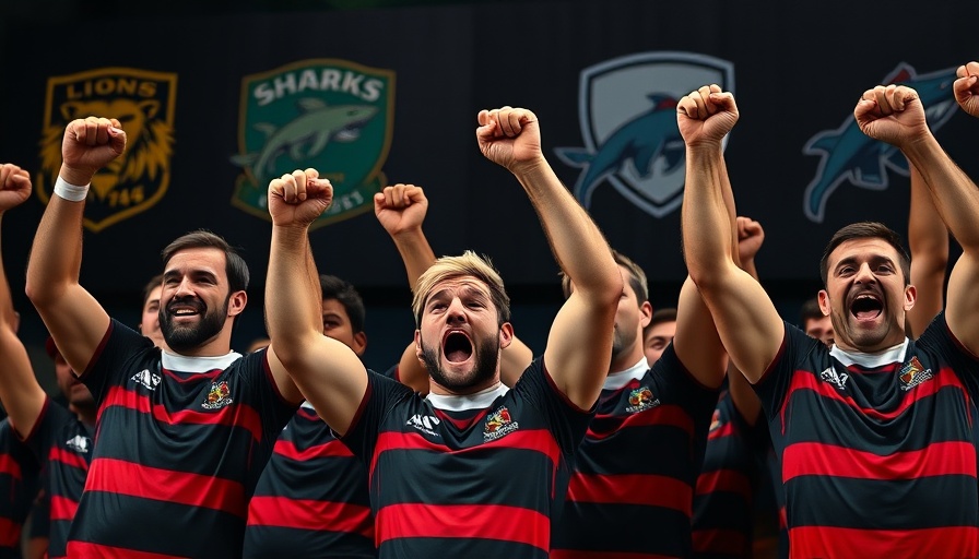 Lions vs Sharks Rugby Match promo featuring enthusiastic players.