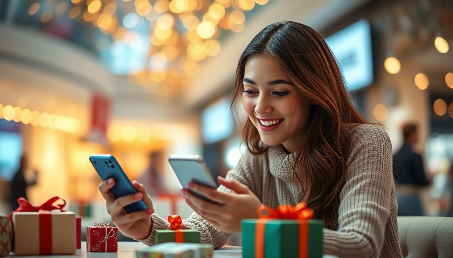 Young woman enjoying a digital shopping experience in a vibrant mall setting.