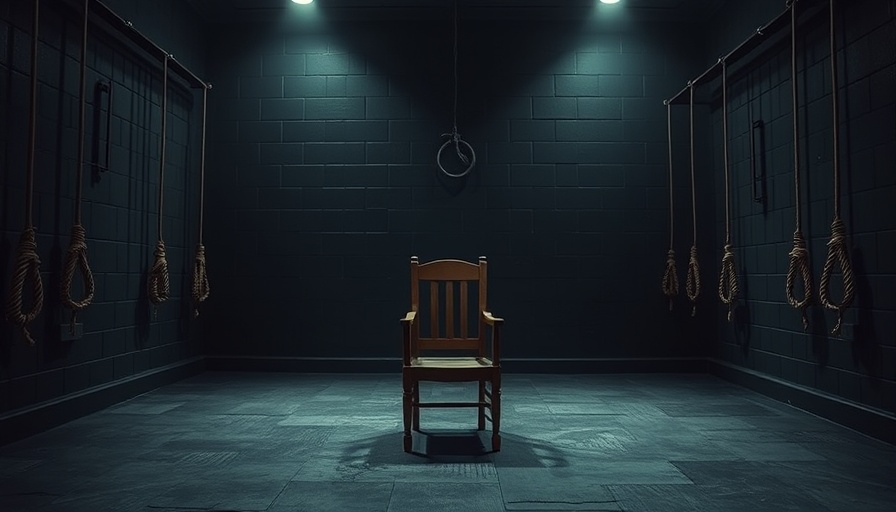 Solemn execution chamber with empty chair under dim lighting.