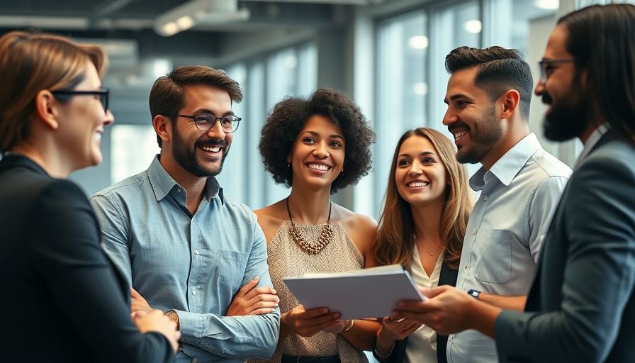 Diverse group of professionals discussing in a bright office.