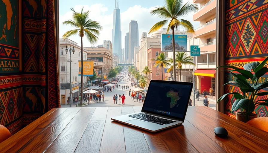 Free Health Information Access platform in African cityscape with cultural decor.