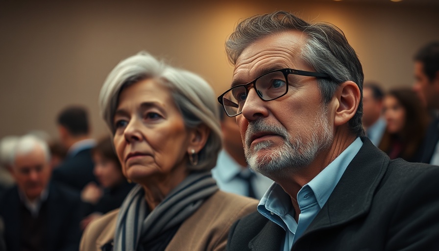 Mature couple observing event with curious expressions, indoor setting.