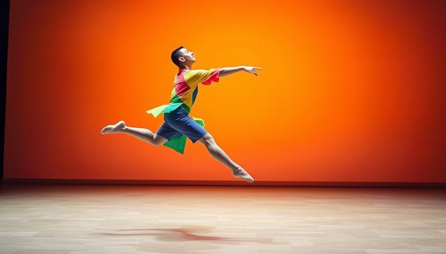 Das Triadisches Ballett dancer in colorful geometric costume leaping on stage.