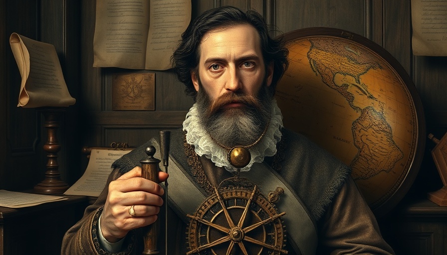 Historic Amerigo Vespucci painting with navigational tools.
