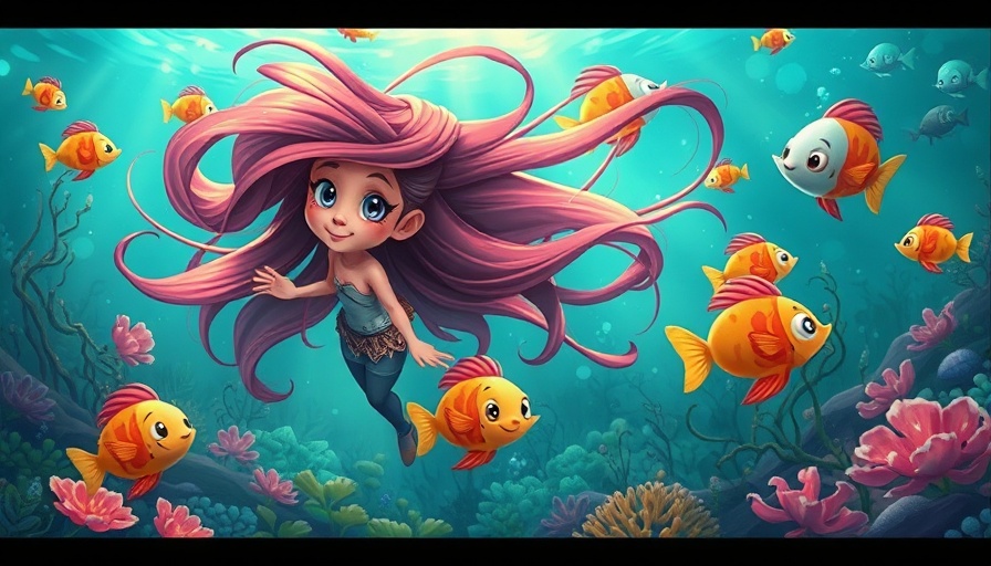 Colorful underwater scene with fish and a fairy in cartoon style by Mengxuan Li.