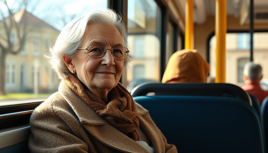 Smiling elderly woman on a sunny bus ride, winter attire.