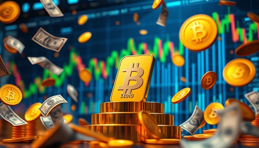 Bitcoin as a safe haven asset depicted with a gold bar on a pedestal, money and coins flying amid financial graphs.