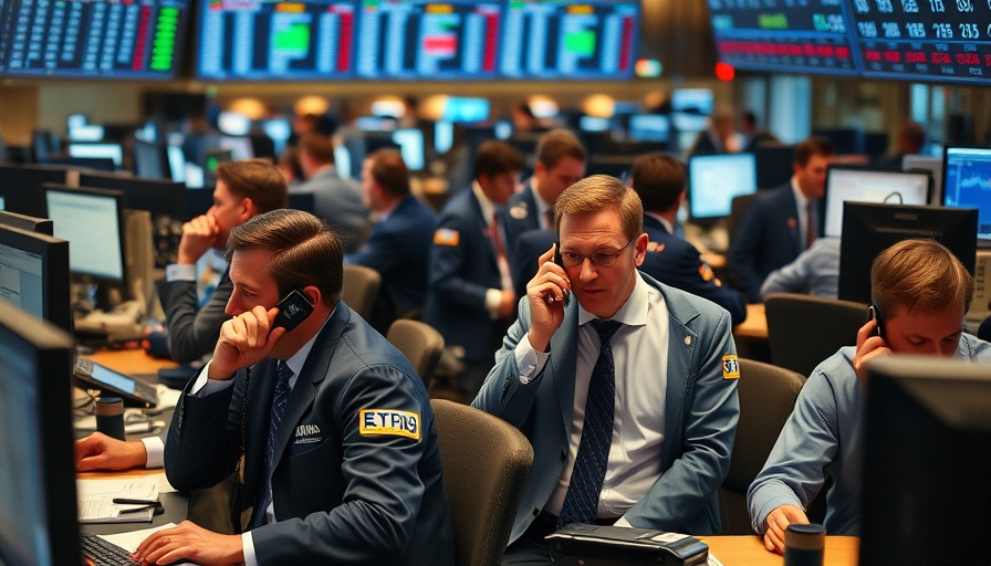 Financial traders actively making calls in a busy office setting.