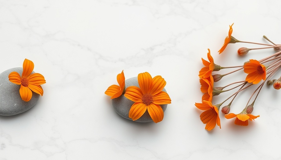 Smooth stones and flowers, wellness tourism demand for relaxation, serene setting.