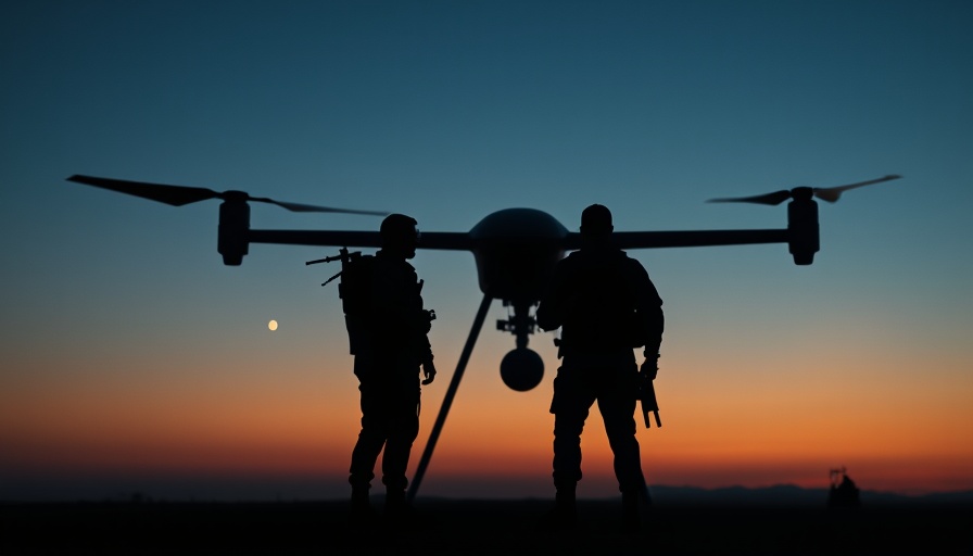 Silhouetted military figures and drone at dusk, 'Trump Military Aid Pause'.