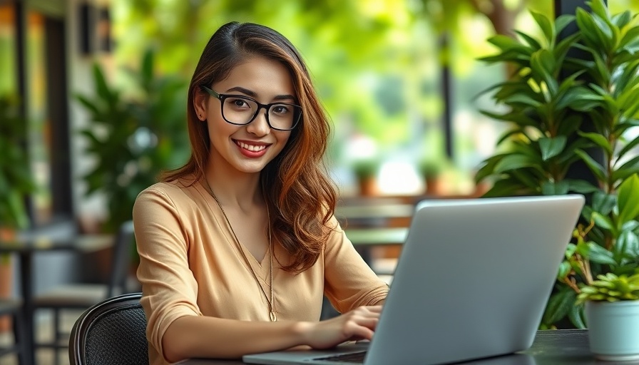 Confident woman working on laptop, overcoming self-doubt outdoors.
