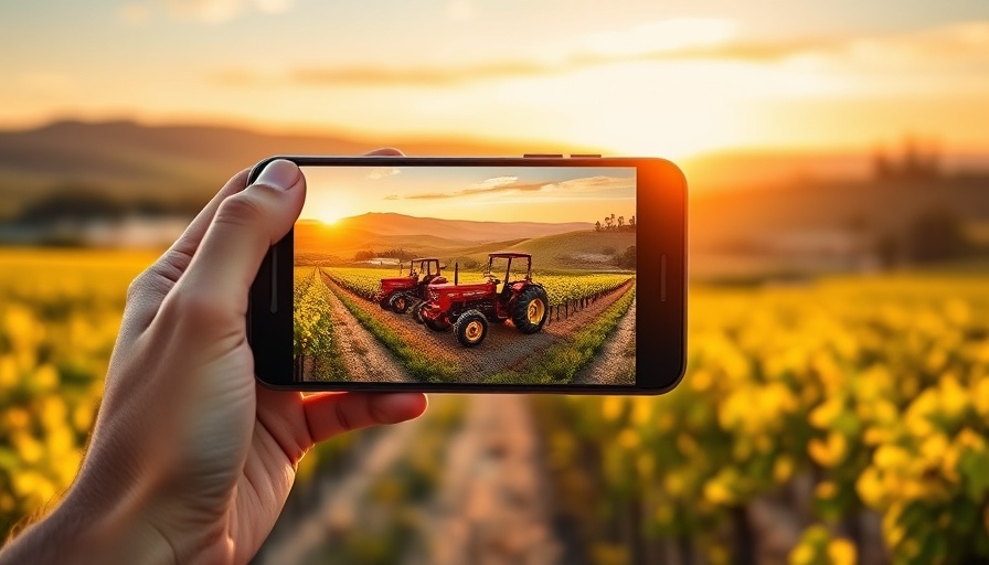 Augmented reality wine harvest experience on smartphone, scenic vineyard vista.