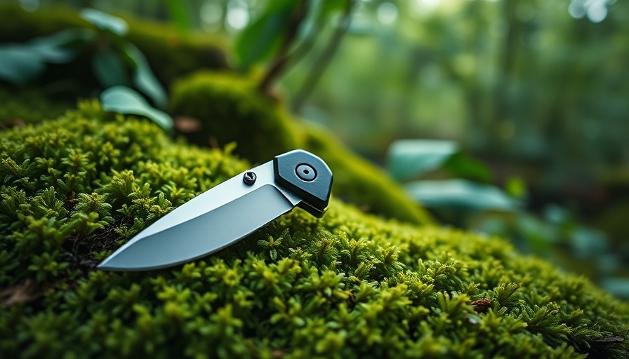 Folding knife on mossy surface in forest, South Africa travel adventure.