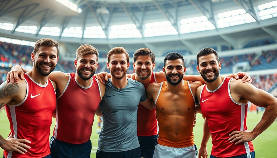 Rugby players smiling post-game at a stadium.