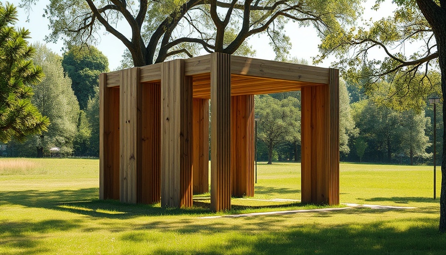 Contemporary art installation in Alabama with wooden design under trees.