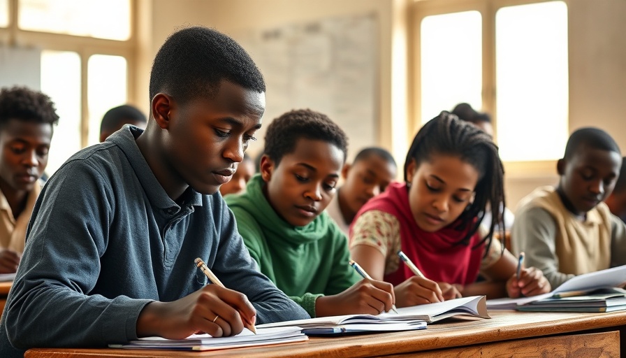 Students transforming education in Africa in a bright classroom.