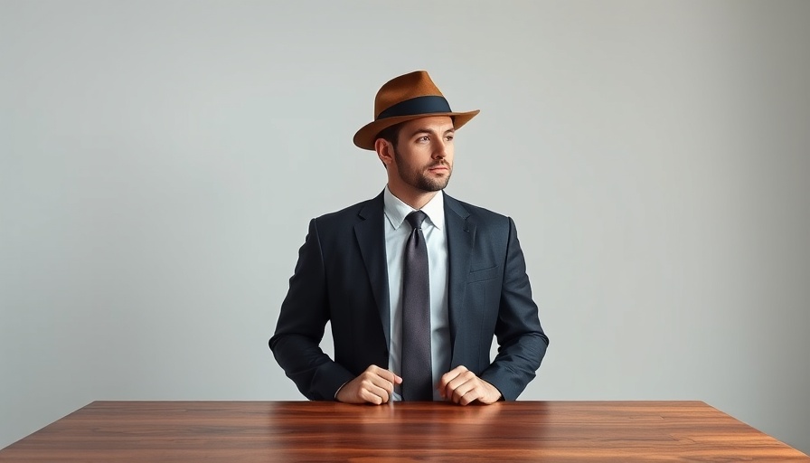 Man in suit and hat, deep in thought, beside a table.