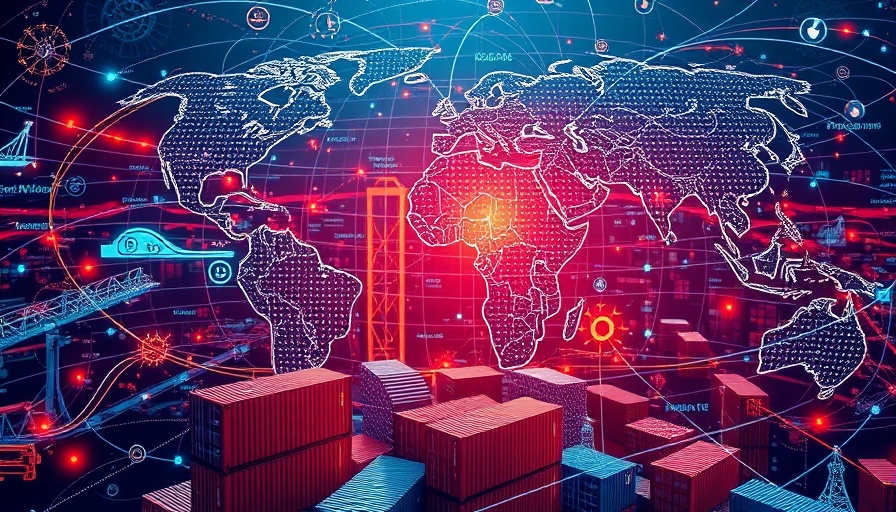 Abstract image of international trade symbols and shipping containers.
