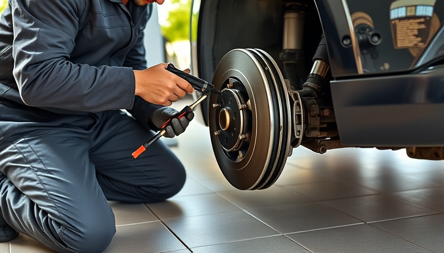 Person demonstrating brake maintenance techniques in a garage.