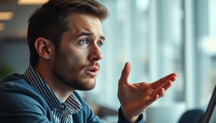Thoughtful young man discussing emotions in an office setting.