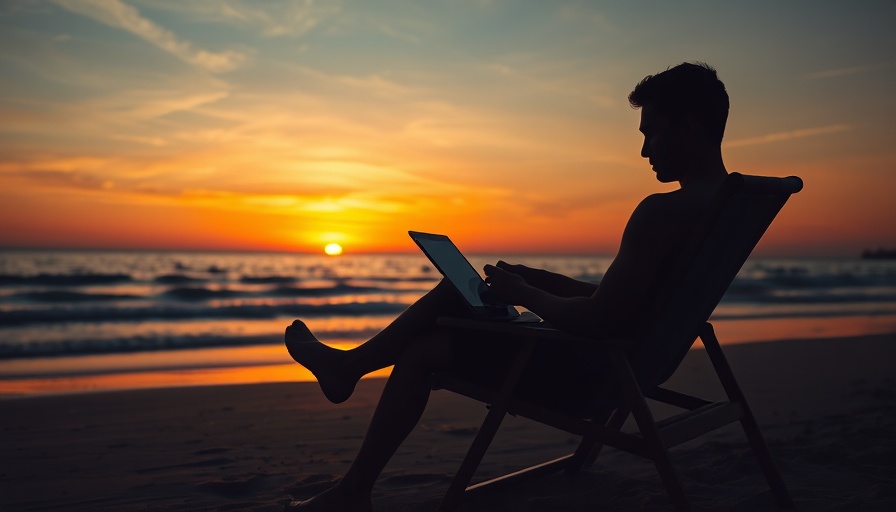 Silhouetted individual on bleisure travel working at sunset on the beach.