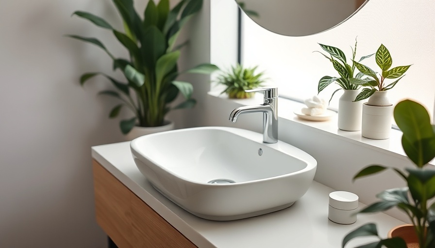 Modern bathroom sink with plants and chrome faucet, quality fixtures and accessories.