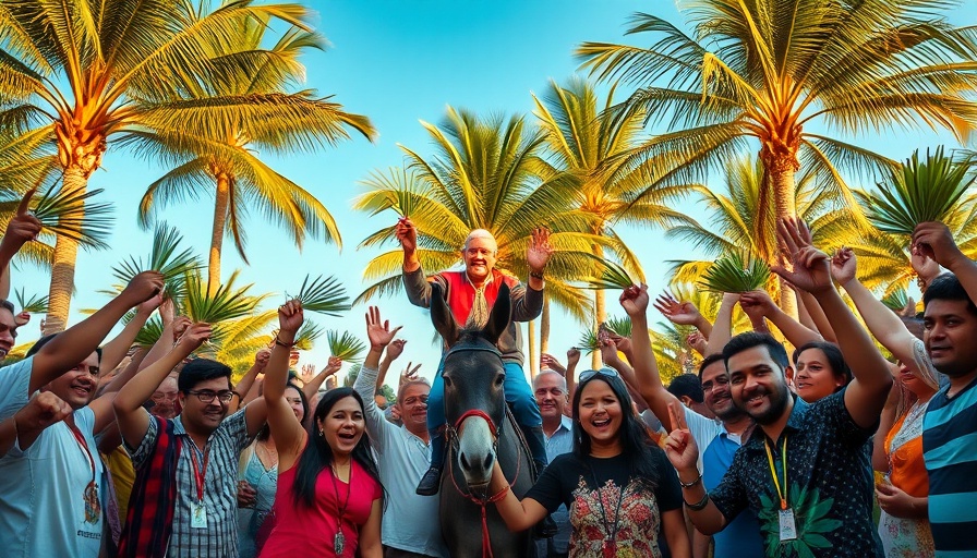 Cheerful crowd welcomes figure on donkey under palm trees.