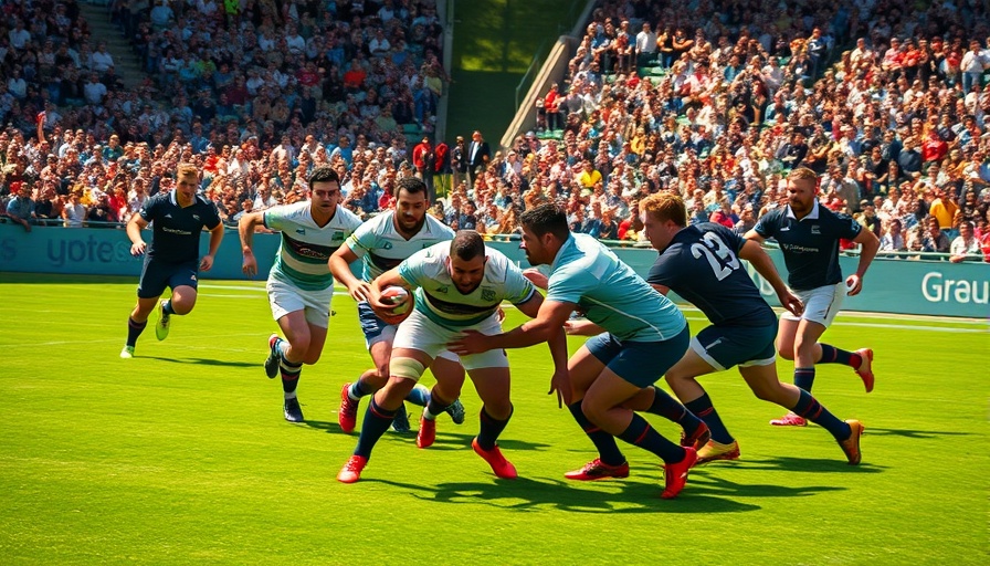 Exciting rugby action during match on sunny field.