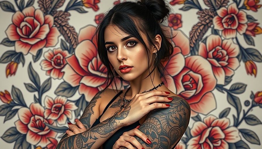 Stylish young woman with tattoos, vibrant floral background.