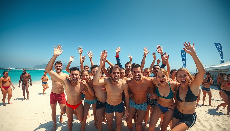 Group of swimmers celebrating at Oceans 8 Charity Swim 2025 on the beach.