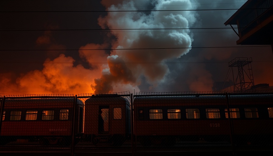 Cape Town train carriages on fire with smoke rising at night.