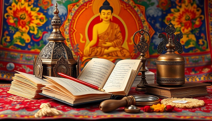 Buddhist ceremonial items with scripture and bell, vibrant background.