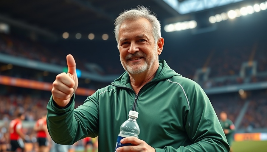 Middle-aged man in green sports jacket gives thumbs-up on field, Springboks.