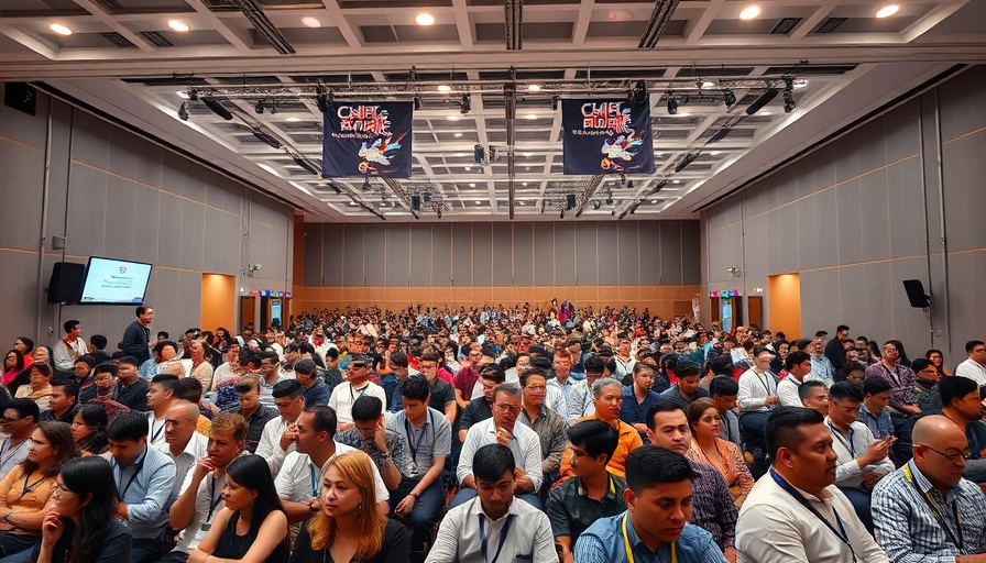 Conference hall with diverse assembly and banners on South African politics.