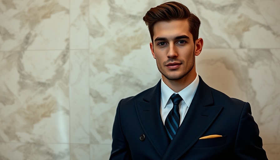 Stylish young man in navy suit showcasing fashion trends.