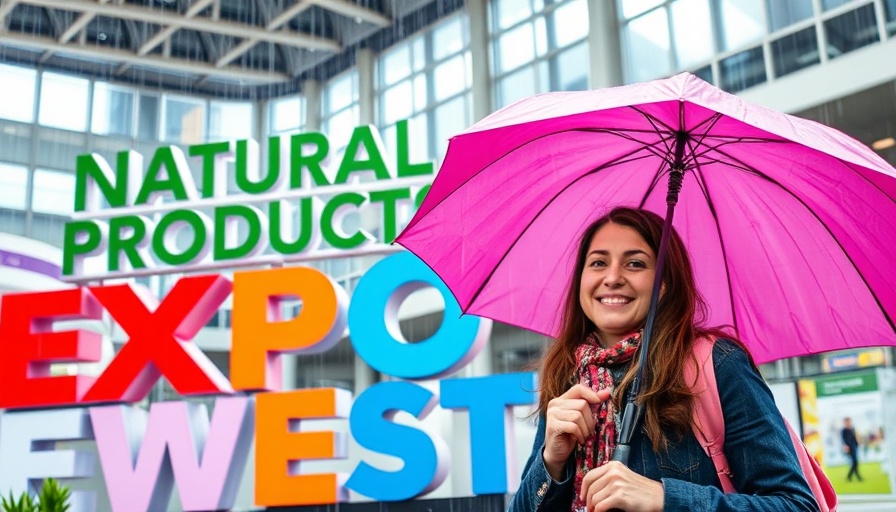Trends at Natural Products Expo West with vibrant signage and umbrella.
