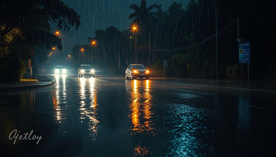 Ethekwini flooding on a rainy night with car headlights.
