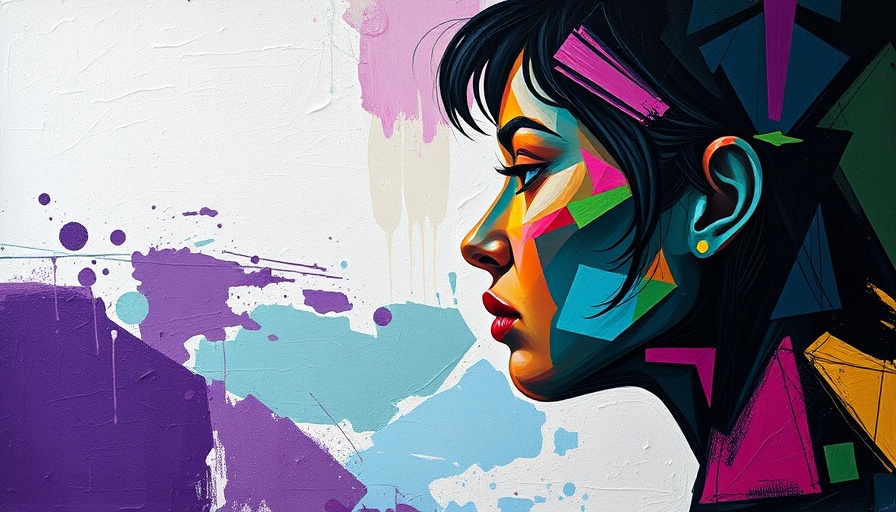 Contemporary art portrait with abstract shapes and textures in vibrant colors.