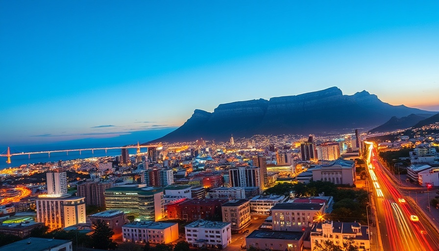 Skyline of one of the best cities to live in Africa with Table Mountain and city lights.