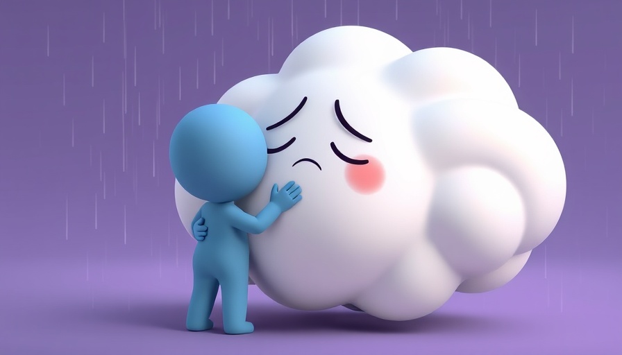 Cartoon cloud comforting figure releasing shame in purple background