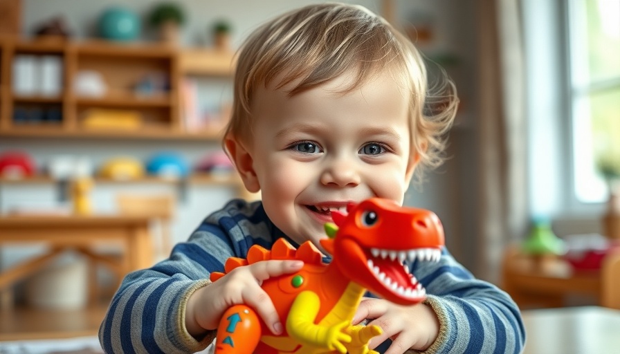 Adorable toddler playing with dinosaur toy as Easter gift alternative.