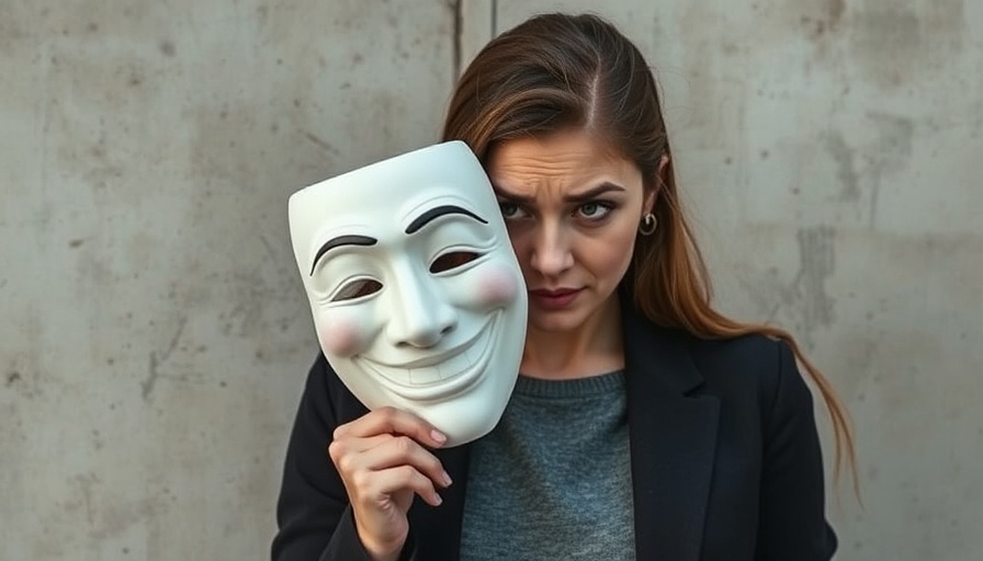 Inner conflict portrayed by woman with smiling mask, human behavior's impact on marketing strategy.