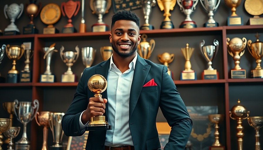 Springboks player holding an award in a trophy room.