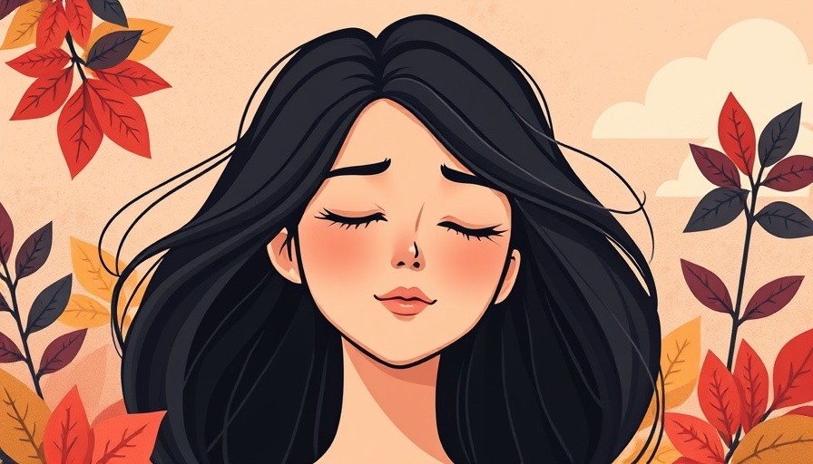 Stylized woman with flowing hair embracing nature, cartoon art.
