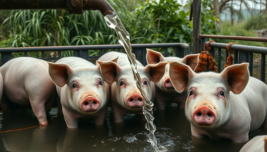 Slaughterhouses wastewater pollution regulations illustrated by pigs and wastewater pipe.