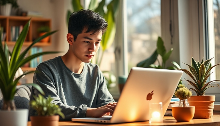 Young person starting a blog in a cozy home office.