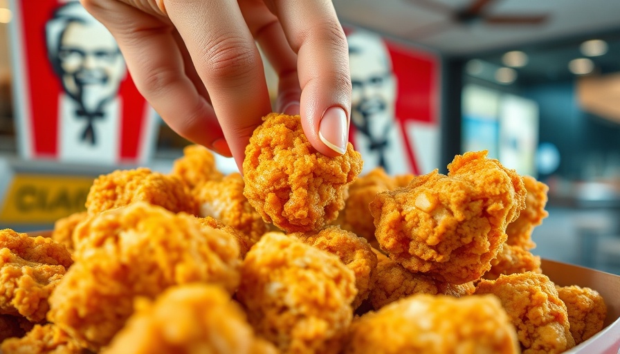 Variety of crispy KFC fried chicken, hand reaching in, showcasing KFC marketing strategy.