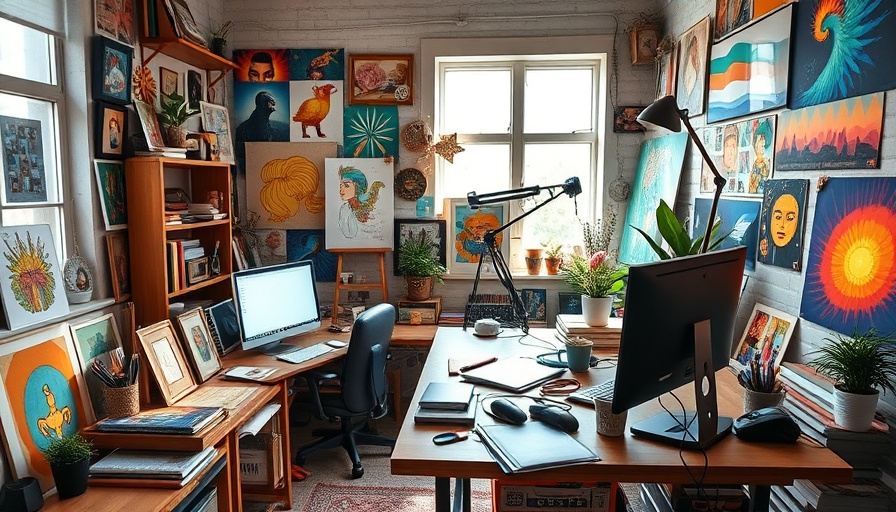 Creative freelance starter kit workspace with vibrant art and focus on writing.