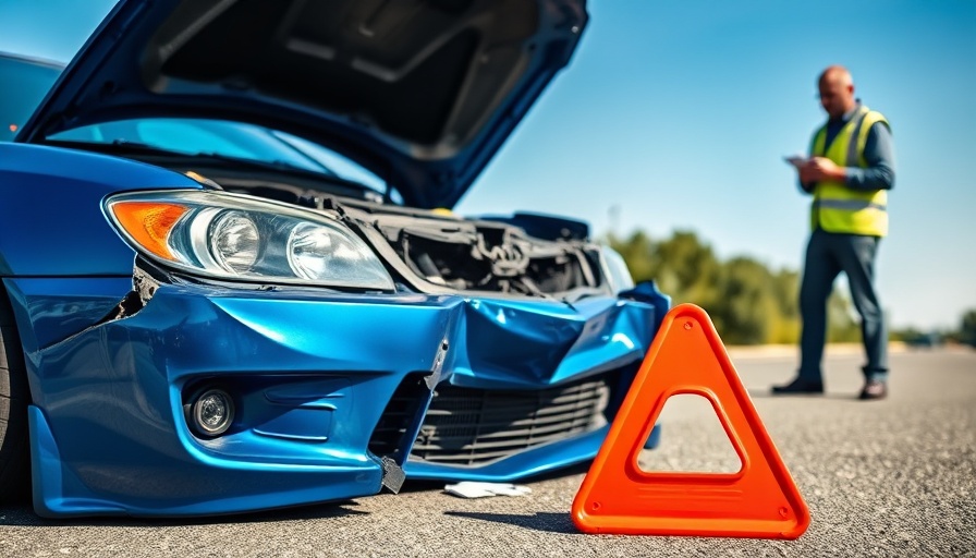 Car accident scene with warning triangle in focus, police officer in background.