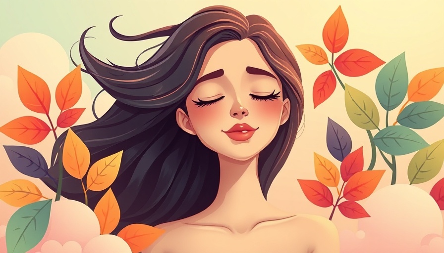 Stylized serene woman reflecting mindfulness, surrounded by foliage.